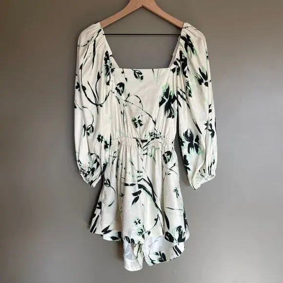 NWT Tanya Taylor‎ Stevie Romper Size Small Floral Linen Square Neck Puff Sleeve
